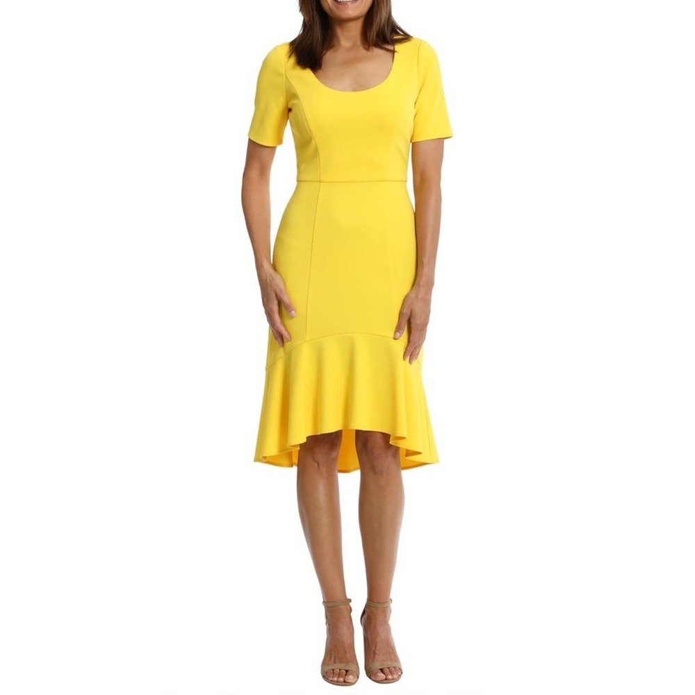 NWT‎ London Times Women's Scoop Neck High-Low Flounce Hem Dress - Yellow - Sz 4